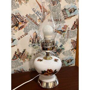 Vintage Handpainted Milk Glass Electric Oil Lamp Hurricane Lamp